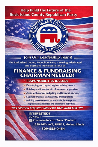 Rock Island County Republican Party recruitment flyer with red, white, and blue design and contact details