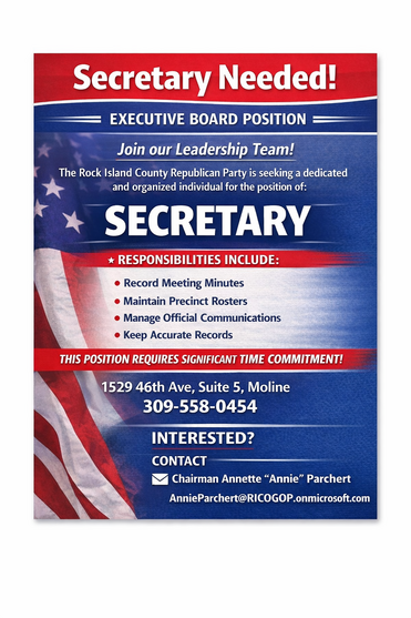 Secretary Needed recruitment flyer in red, white, and blue with U.S. flag background and contact details