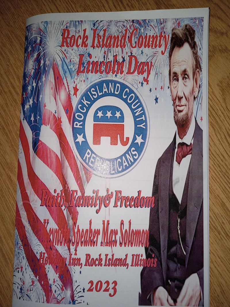 Rock Island County Republican fundraiser poster with U.S. flag, GOP seal, and portrait of a smiling man on right
