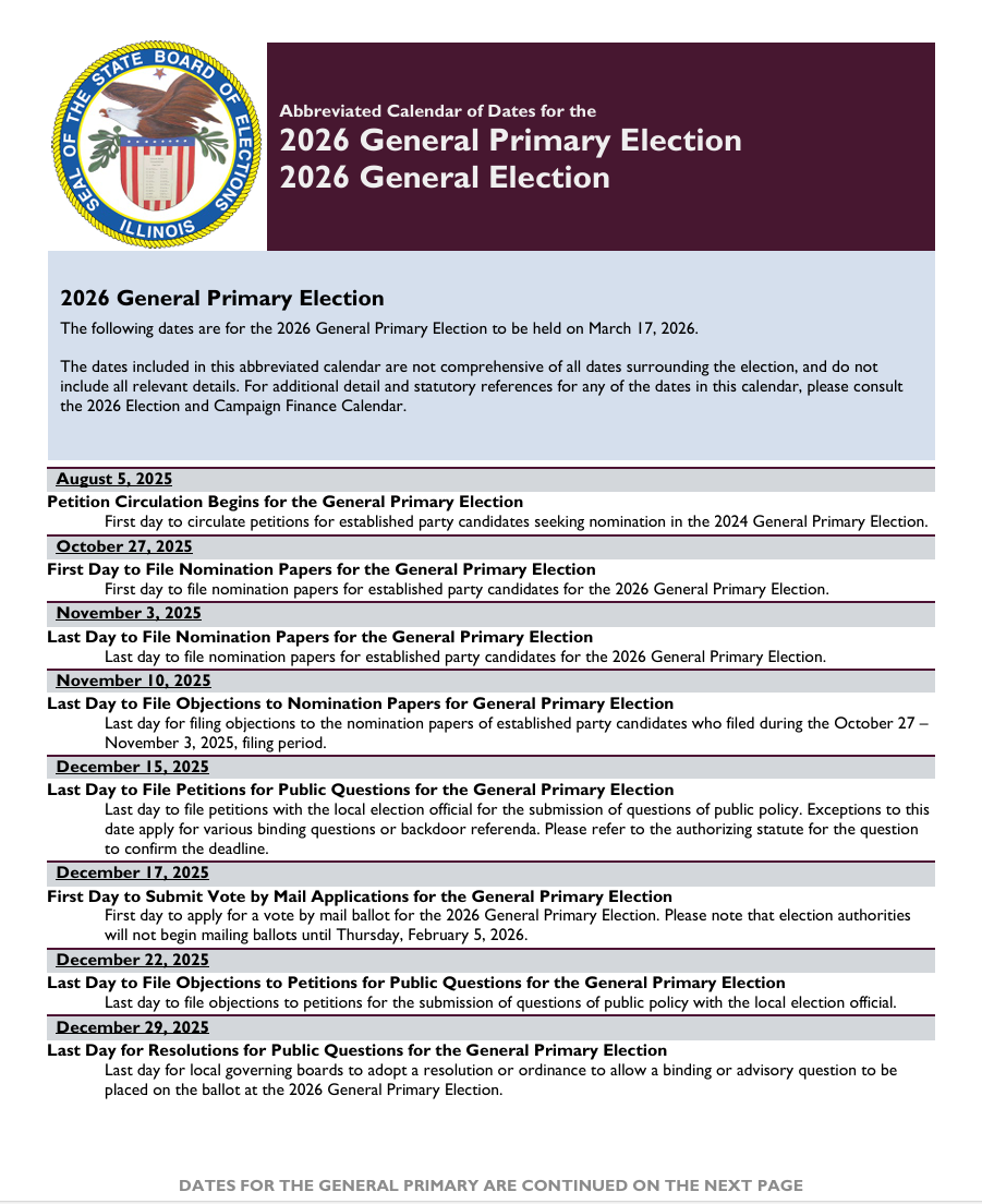 Sample ballot-style election notice with seal, maroon header, and multiple voting sections in black text