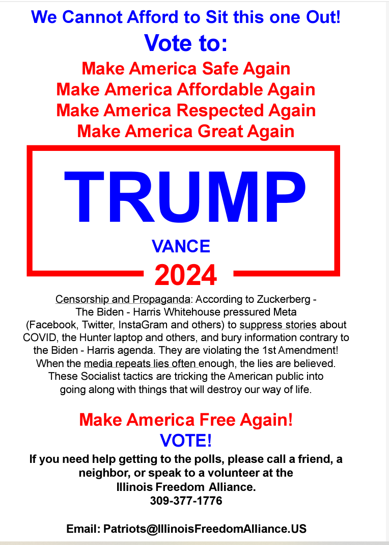 Political flyer with blue and red text reading “TRUMP 2024” and slogans urging America to be made great again.