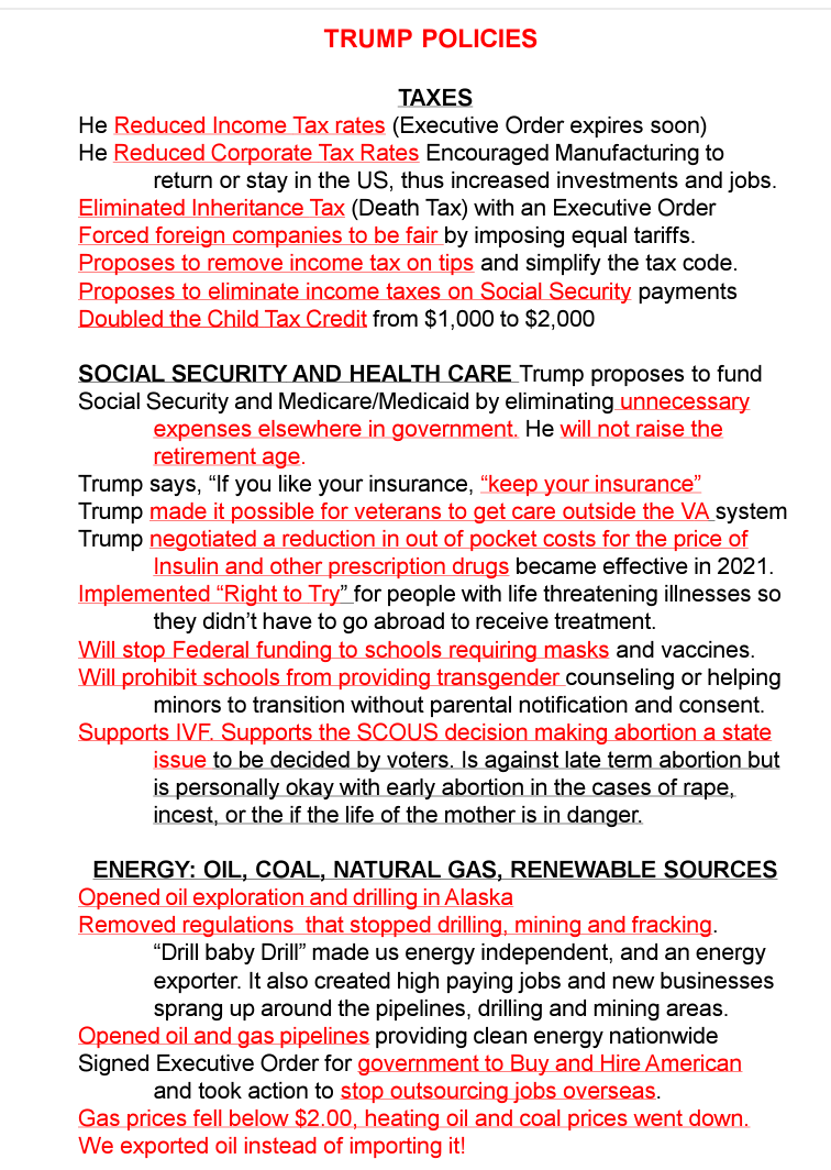 Red and black text slide titled “Trump Policies” listing policy areas and short explanations