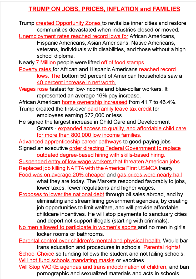 Text-heavy red-and-black flyer titled “Trump on jobs, prices, inflation and lies” with multiple paragraphs and highlights
