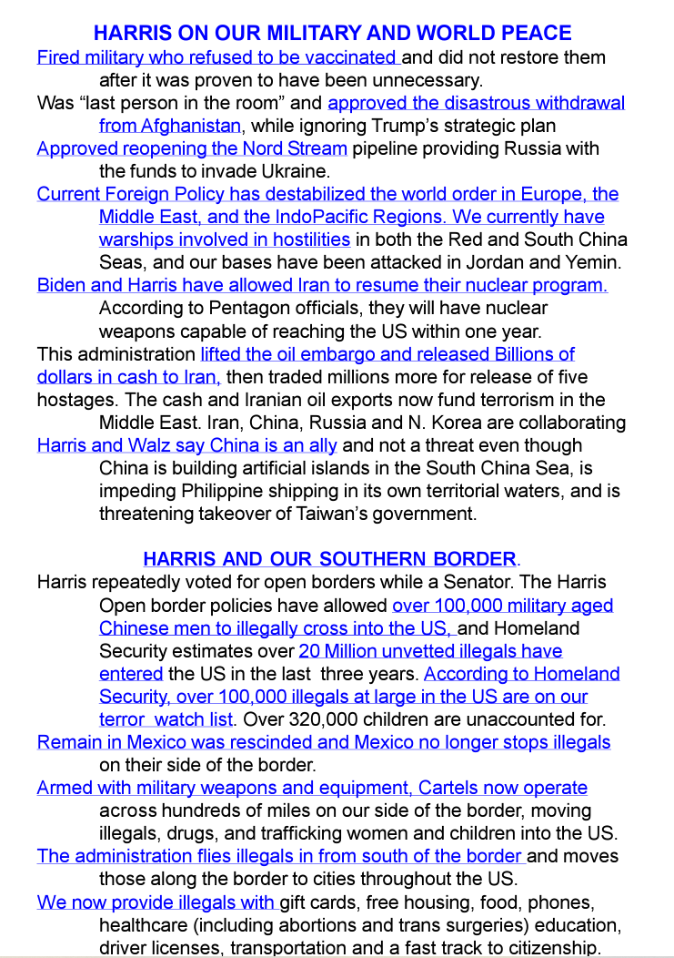 Blue-text flyer about military aid and border security, packed with dense paragraphs on a white background