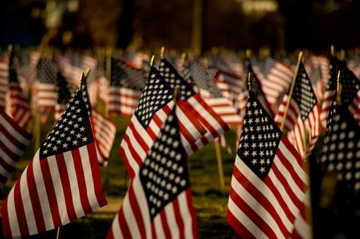 Multiple American flags waving in a crowd, red, white, and blue against a blurred background