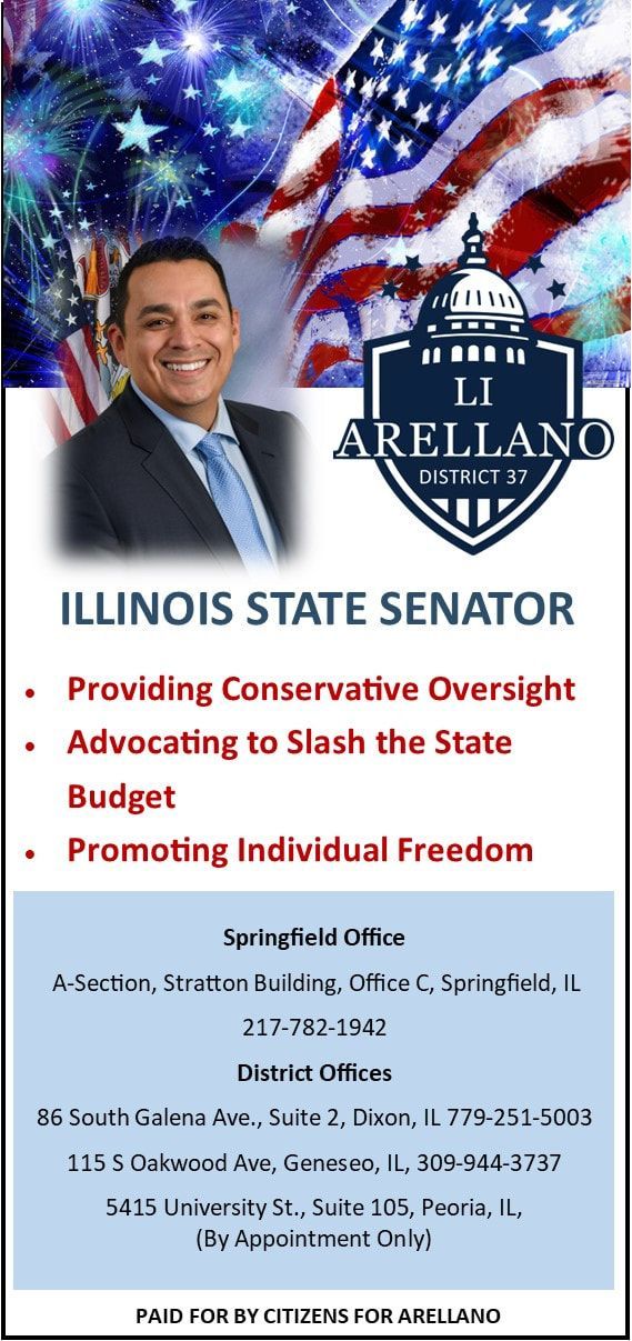 Illinois State Senator with U.S. flag, campaign-style poster about conservative oversight and freedom.