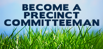 “Become a Precinct Committeeman” text over grass and blue sky background