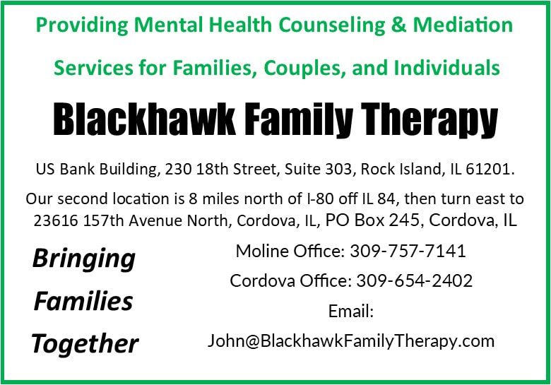 Blackhawk Family Therapy ad with counseling services, address, phone numbers, and email on a white background