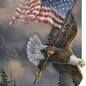 Eagle with outstretched wings flying past a waving American flag against a cloudy sky