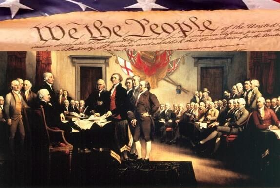 Founding Fathers gathered beneath the “We the People” banner, signing the U.S. Constitution