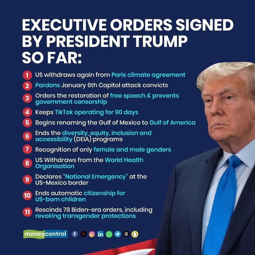 Graphic listing 11 executive orders signed by Trump, with his portrait on the right and blue background.