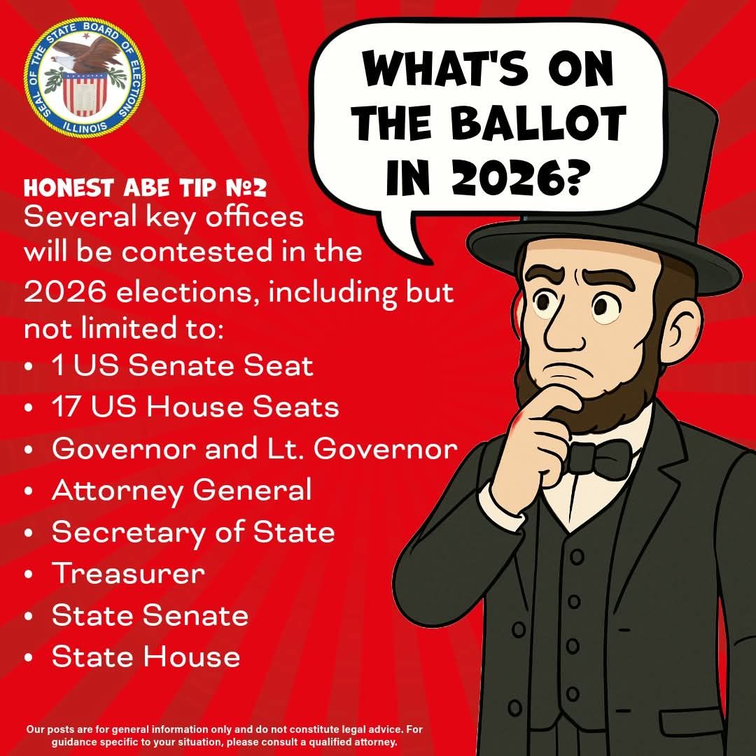 Graphic on red background listing 2026 ballot offices, with a cartoon man in a top hat and speech bubble