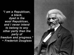 Black-and-white portrait of Frederick Douglass with a quote about being a Republican and loving freedom.