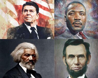 Four portraits of U.S. presidents in a 2x2 collage, with painted and historical styles.