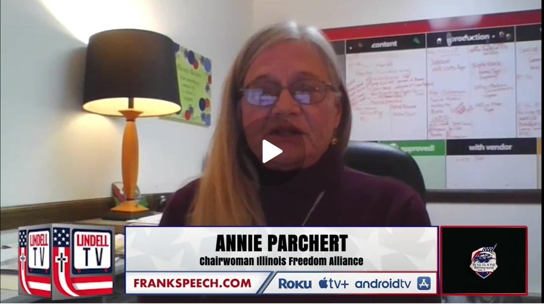 Webcam interview with Annie Parchent, seated beside a lamp and whiteboard, in a news-style lower-third frame