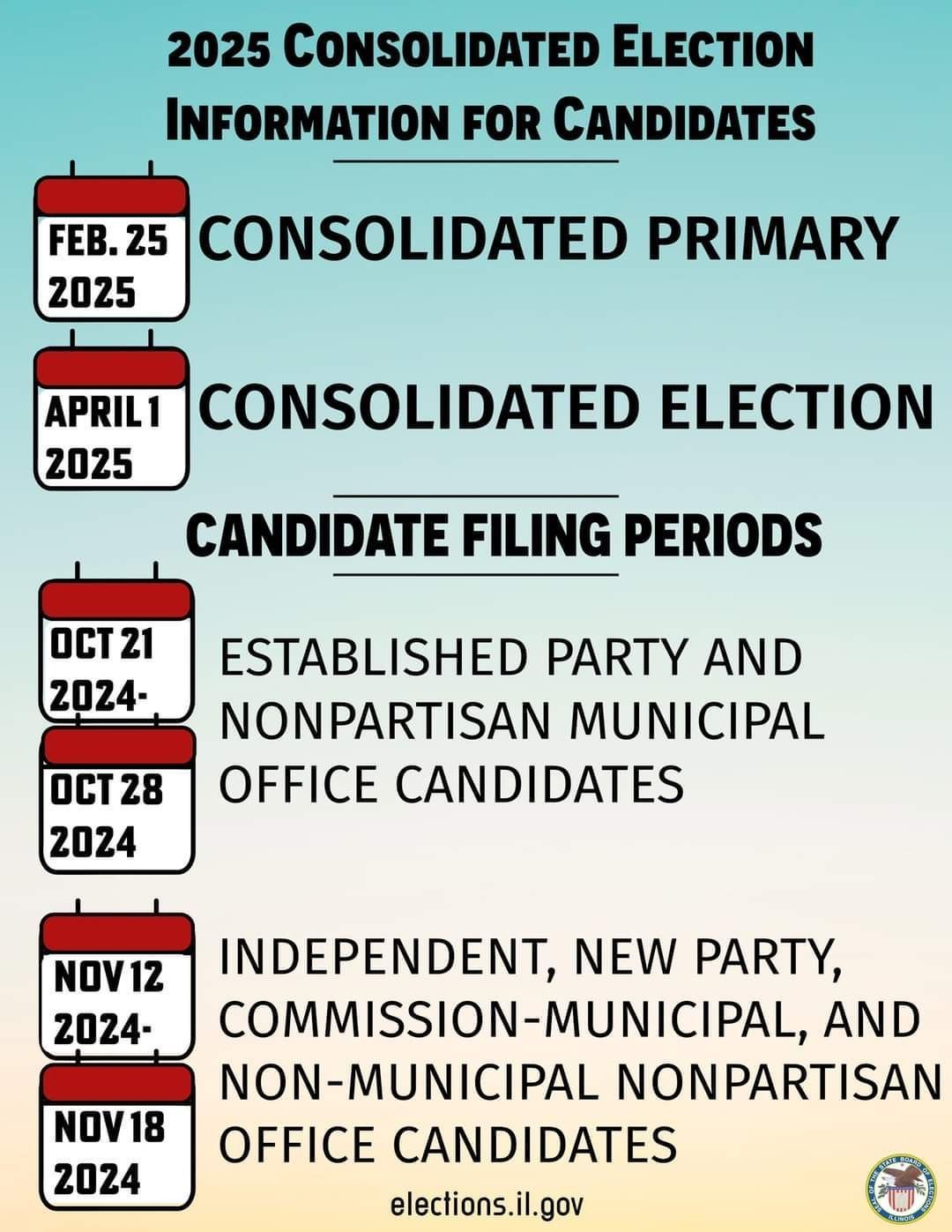 2025 election info: consolidated primary Feb. 25, consolidated election Apr. 1; filing periods listed.