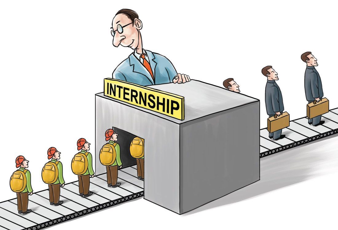 Applicants waiting to enter an internship office, with one person inside and several others on a conveyor belt