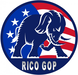 Blue, white, and red RICO GOP logo with an elephant inside a circular emblem and stars.