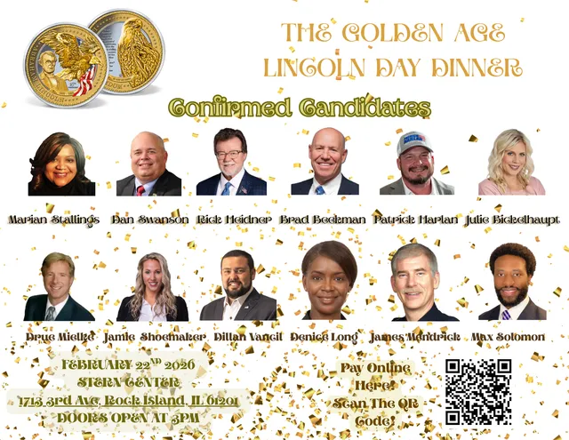 Golden Age Uwi Day Dinner candidate poster with headshots, gold text, and a QR code on a white background