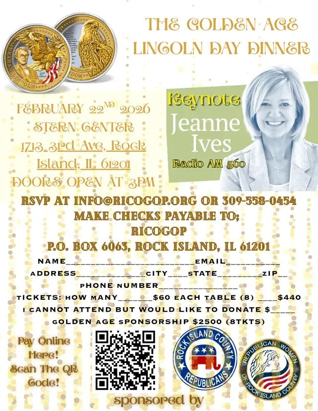 Gold Lincoln Day Dinner flyer with portrait, ticket prices, RSVP details, and a QR code