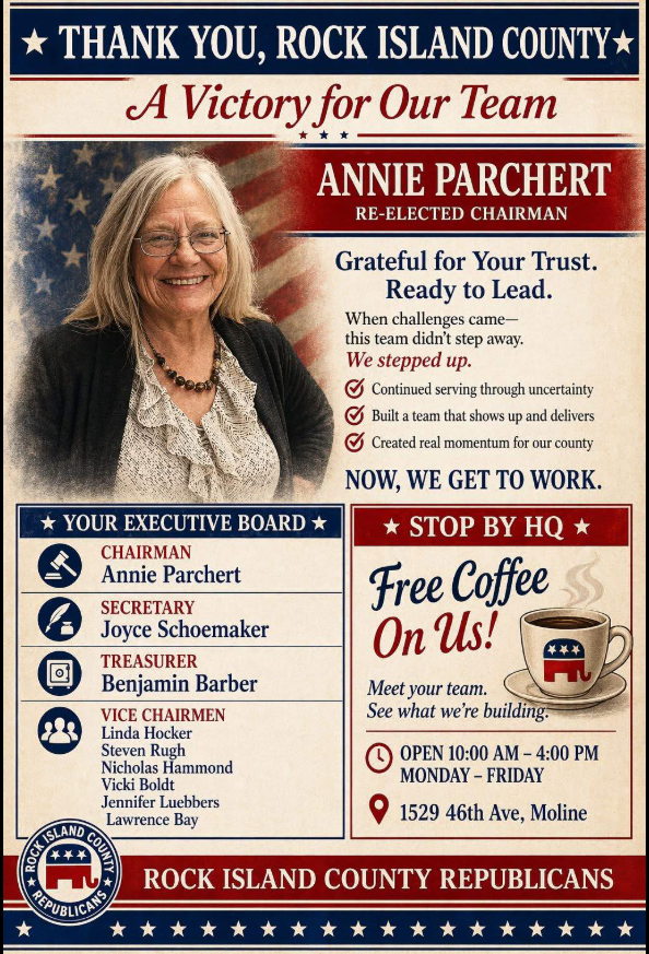 Political campaign poster for Annie Parchert with photo, slogan, and contact details for Rock Island County Republicans