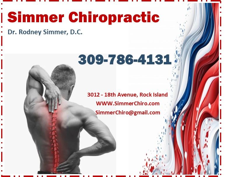 Simmer Chiropractic ad with phone number, red-blue swirls, and man holding his neck in pain