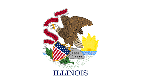 Illinois state seal with bald eagle, red-white-blue ribbon, and Illinois text
