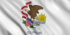 Illinois state flag with eagle, shield, and red ribbon on a white background