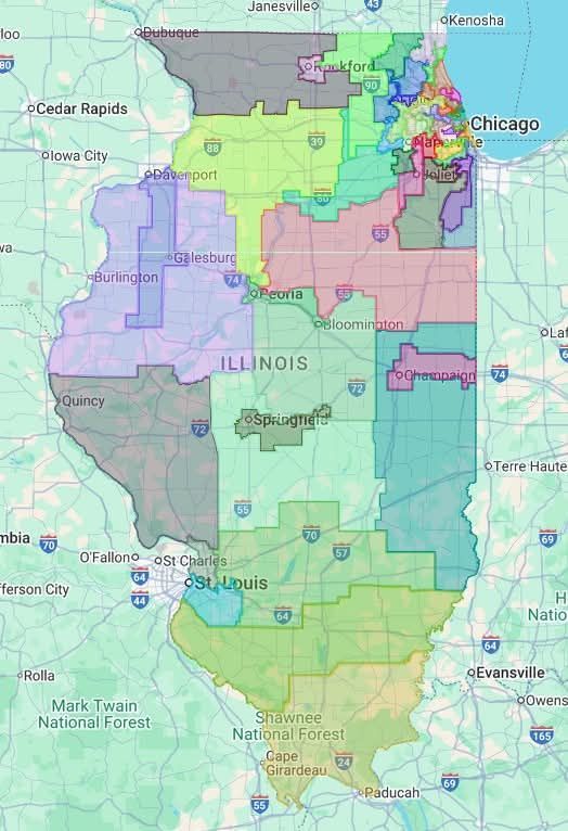 Color-coded Illinois map with county borders and labels, centered on Chicago and surrounding cities.