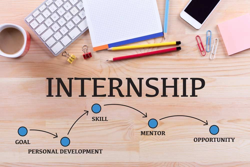 Desk with office supplies and “INTERNSHIP” graphic showing goal, skill, mentor, and opportunity.