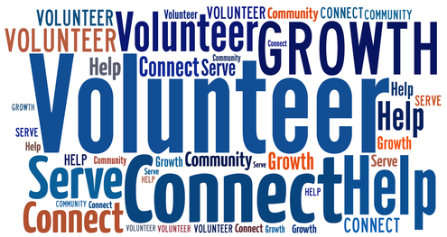 Blue and orange word cloud with “Volunteer,” “Connect,” “Serve,” “Help,” and “Grow” prominently displayed