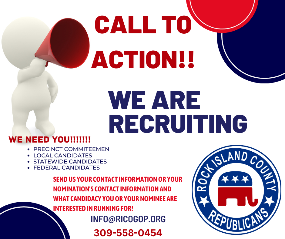 Call to action recruiting poster for Rock Island County Republicans with red, white, and blue megaphone graphic.