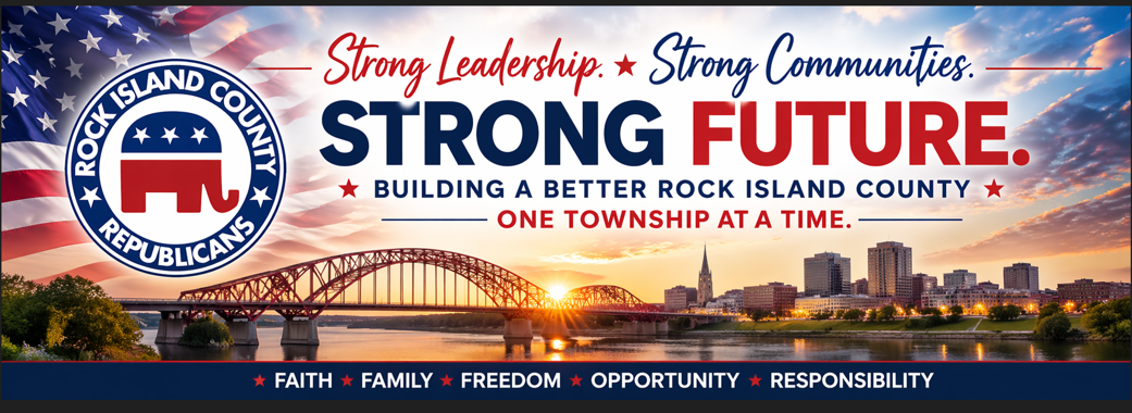 Strong Future campaign banner with logo, skyline, and slogan for a better Rock Island County