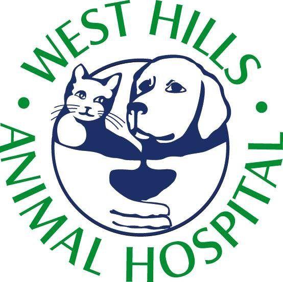 The logo for west hills animal hospital shows a dog and a cat