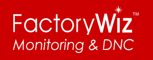 A red logo for factory wiz monitoring and dnc
