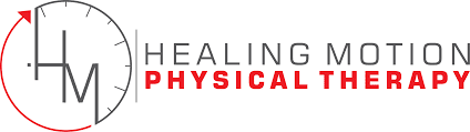 The logo for healing motion physical therapy is red and black.