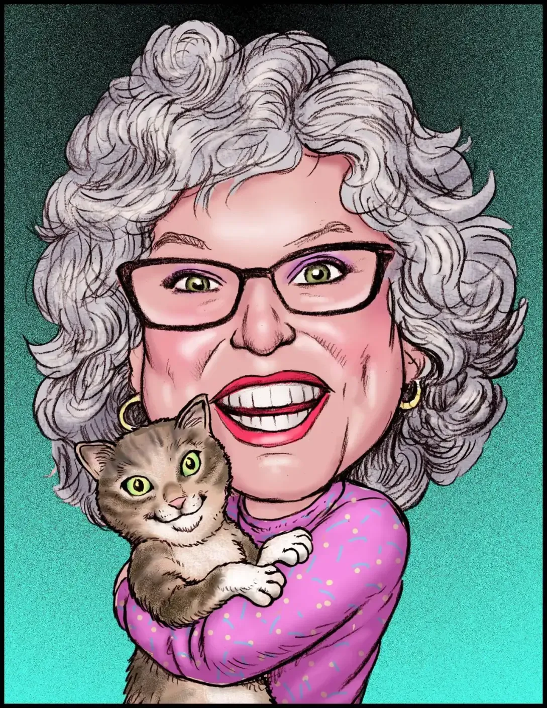A caricature of an older woman holding a cat.