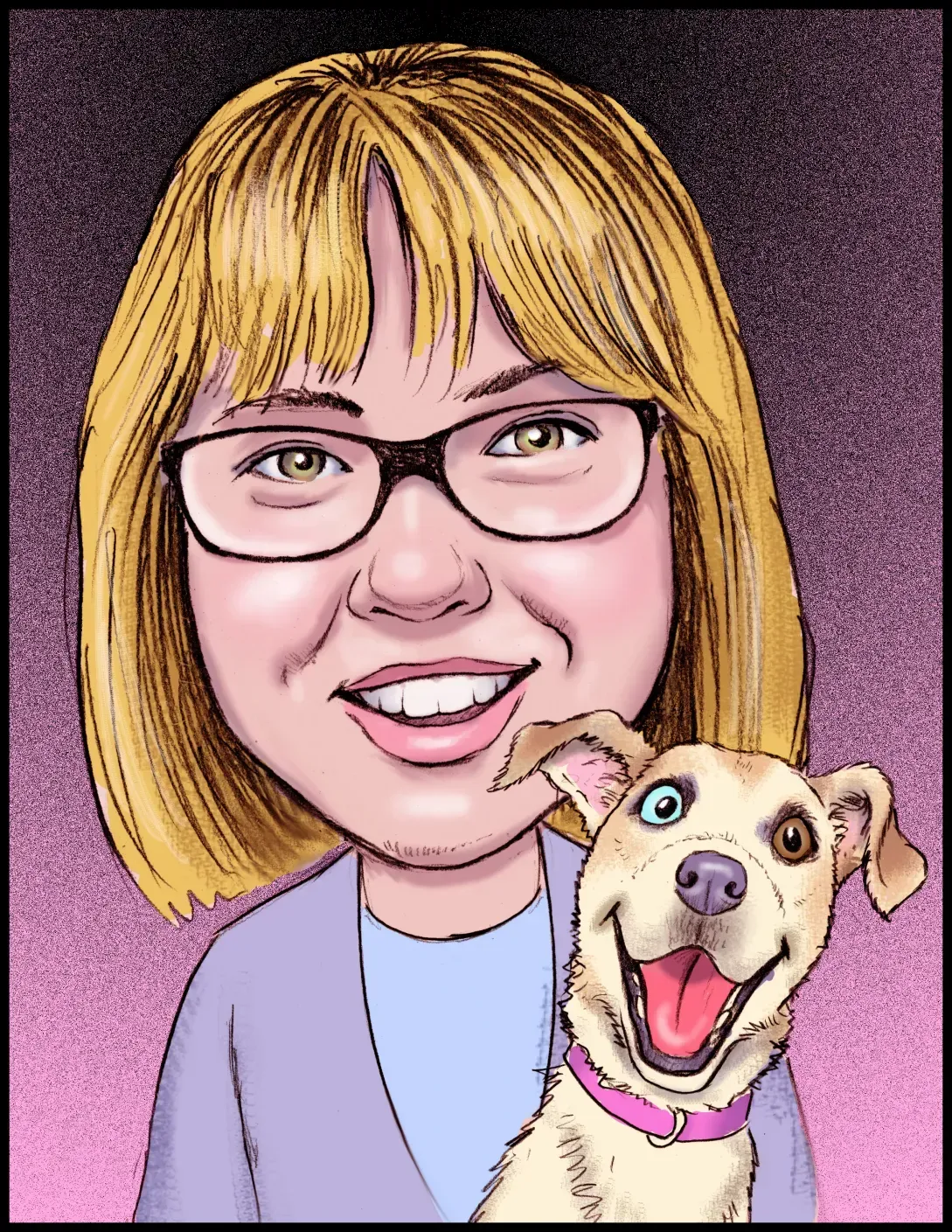 A cartoon of a woman with glasses holding a dog