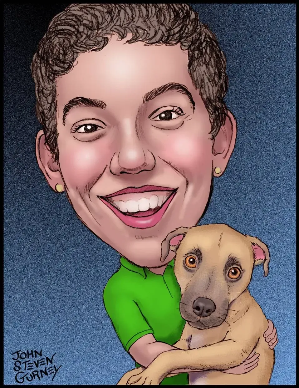 A caricature of a woman holding a dog by john & steven granny