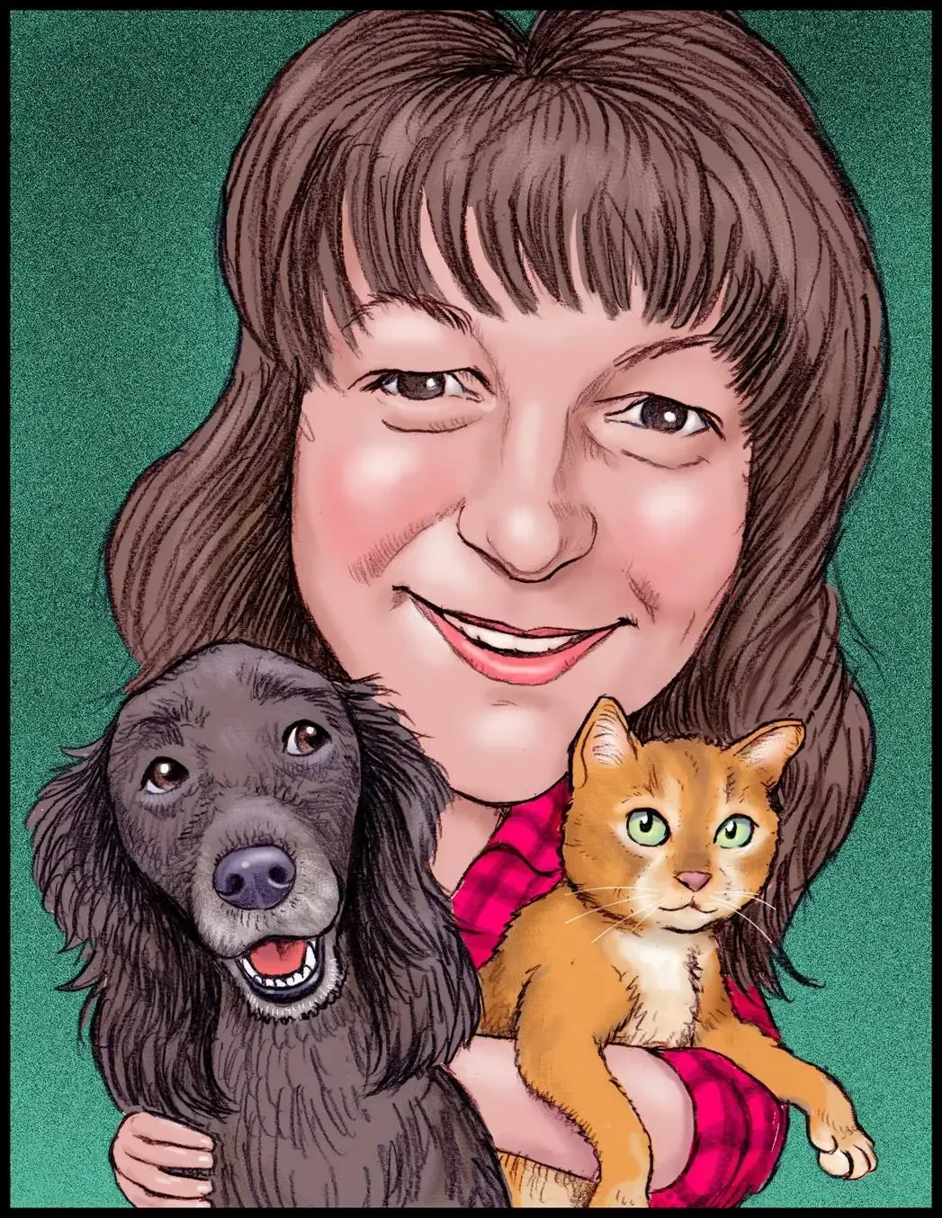 A caricature of a woman holding a dog and a cat