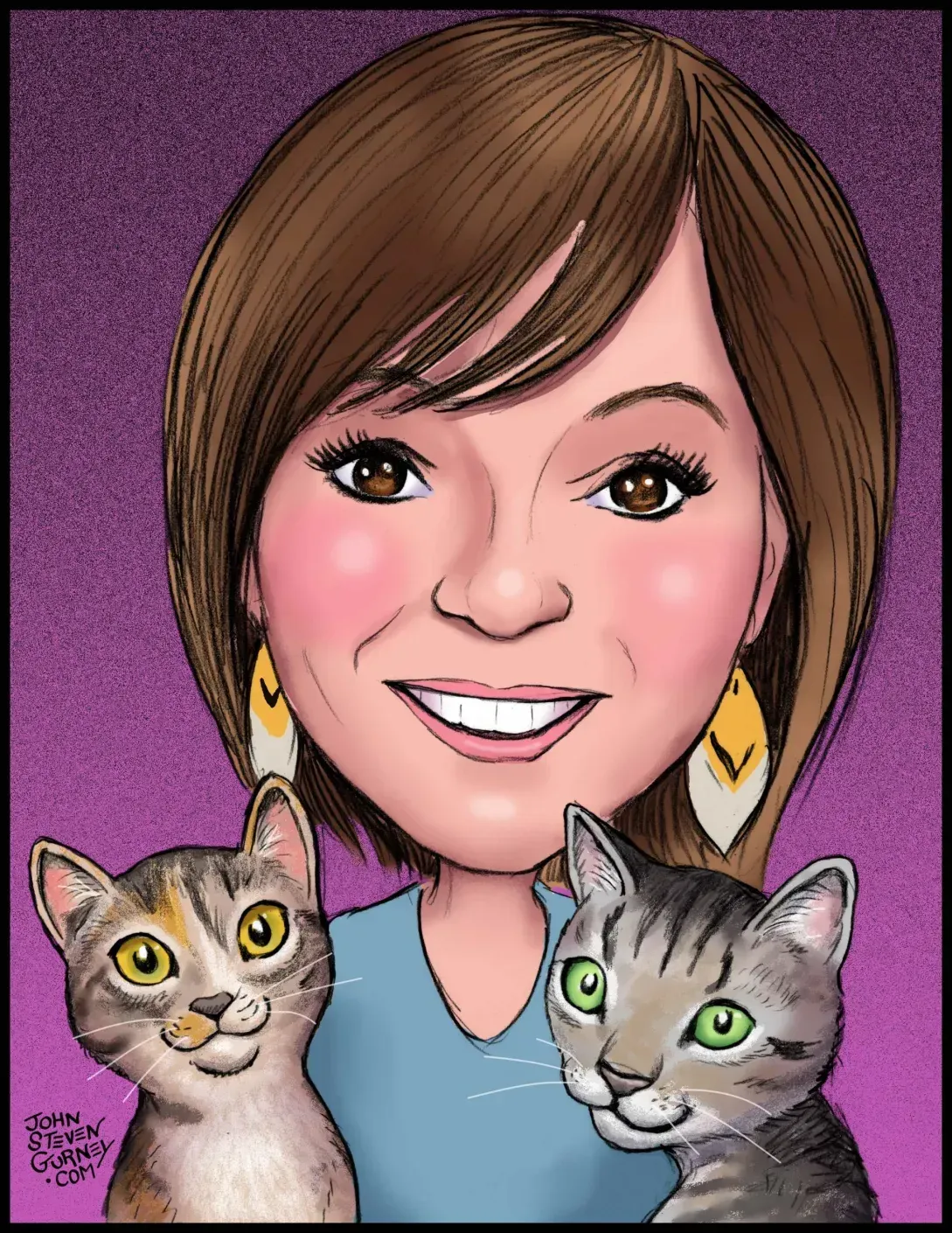 A caricature of a woman holding two cats