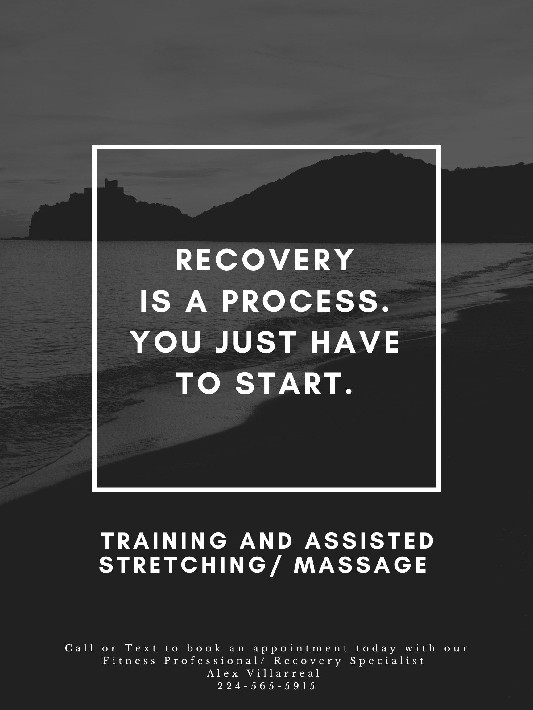 A black and white photo of a beach at dusk with the text 