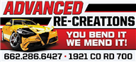 Business card for Advanced Re-Creations auto body shop, featuring a damaged yellow car and contact info: 662-286-6427.
