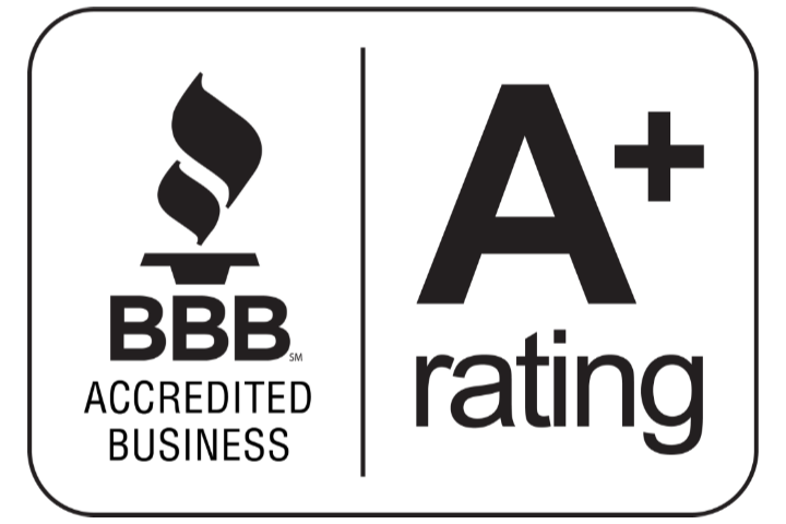 BBB Accredited Business logo with A+ rating in black and white.