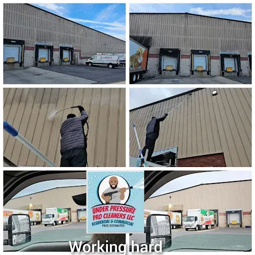 A collage shows a crew pressure-washing a commercial warehouse exterior, featuring a company logo and a work vehicle.