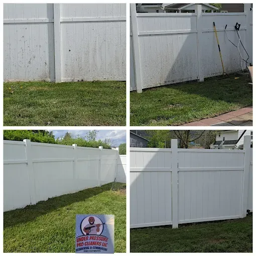 A before-and-after comparison of a white vinyl fence showing dirt and grime removed through professional pressure washing.