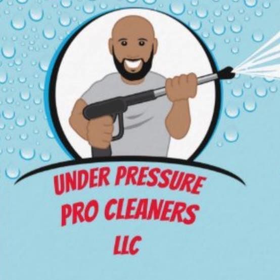 Logo for Under Pressure Pro Cleaners LLC featuring a person holding a pressure washer, with blue water droplets background.