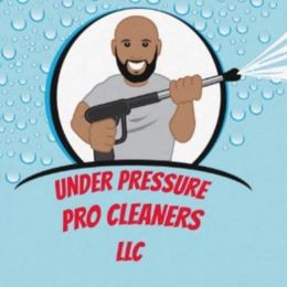 Logo for Under Pressure Pro Cleaners LLC featuring a red house icon and a pressure washer spraying water.