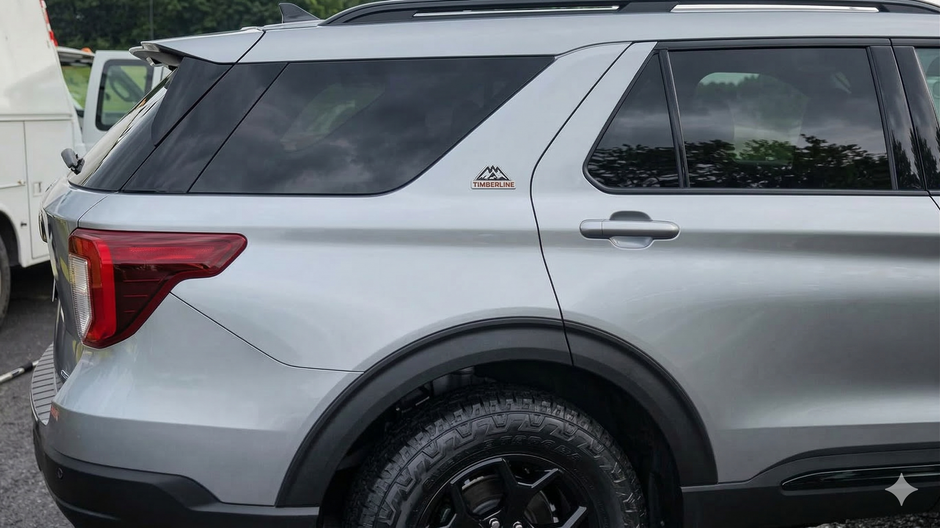 Close-up of the rear passenger side of a silver SUV with black wheel arch trim and a Timberline badge on the pillar.