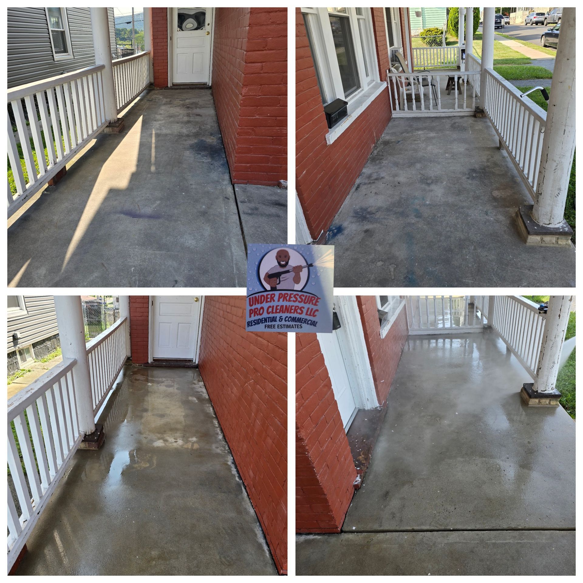 Before and after photos of a concrete porch cleaned by a power washing service.